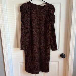 LOFT Brown Animal Print Long Sleeve Dress